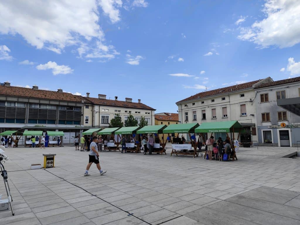 Stojnice so postavljene v vrsti na Lavričevem trgu v Ajdovščini.
